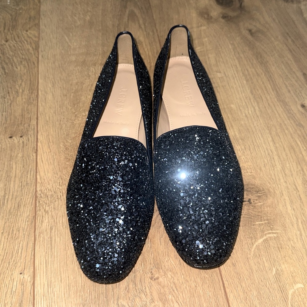 J CREW Blue Sparkle Glittery Slip On Flat Shoes Italy Genuine Leather Wms 6.5US